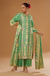 Buy I Am Design Green Silk Foil Printing V-neck Bloom Kurta Pant Set at Aza Fashions Buy_I Am Design_Green Silk Foil Printing V-neck Bloom Kurta Pant Set _at_Aza_Fashions