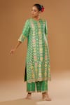 Buy I Am Design Green Silk Foil Printing V-neck Bloom Kurta Pant Set Online at Aza Fashions Buy_I Am Design_Green Silk Foil Printing V-neck Bloom Kurta Pant Set _Online_at_Aza_Fashions
