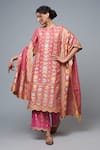 Buy_I Am Design_Pink Silk Embroidery, Zari, Foil Printing Split V-neck Bloom Kurta Pant Set _at_Aza_Fashions