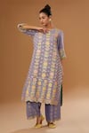 Shop_I Am Design_Purple Silk V-neck Garden Print Kurta Set _Online_at_Aza_Fashions