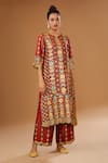 Shop_I Am Design_Red Silk Embroidery Split V-neck Blossom Print Kurta Pant Set _at_Aza_Fashions