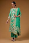 I Am Design_Green Silk Foil Printing, Zari Round Neck Flora And Scallop Kurta Set _Online_at_Aza_Fashions