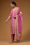 I Am Design_Pink Silk V-neck Flora And Scallop Print Kurta Set _Online_at_Aza_Fashions