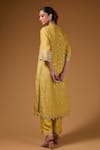 I Am Design_Yellow Silk V-neck Blossom Print Kurta Pant Set _Online_at_Aza_Fashions