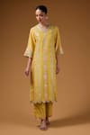 Buy_I Am Design_Yellow Silk V-neck Blossom Print Kurta Pant Set _Online_at_Aza_Fashions