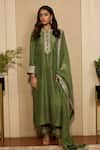 Buy_Neha Mehra_Olive Green Silk Embroidery, Mirrors, Zari Round Neck Kurta Salwar Set _at_Aza_Fashions