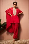 Buy_Neha Mehra_Red Georgette Embroidery, Metallic Thread Round Neck Hand Kaftan And Pant Set _at_Aza_Fashions