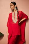 Shop_Neha Mehra_Red Georgette Embroidery, Metallic Thread Round Neck Hand Kaftan And Pant Set _Online_at_Aza_Fashions