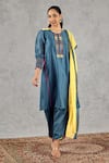 Buy_Shivani Bhargava_Blue Chanderi Embroidery Round Neck Scalloped Hem Hand Kurta 