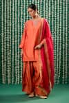 Buy_Cupid Cotton_Orange Silk, Organza Embroidery, Metallic Thread Round Sharini Aari Kurta Set _at_Aza_Fashions
