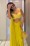 One Knot One By Ashna_Yellow Chiffon, Satin, Organza Hand Embroidered Blouse With Pre-draped Saree _Online