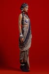 Aseem Kapoor_Blue Crepe, Cotton, Silk, Twill Beads, Tassels High Neck Sadhvi Draped Saree Set _Online_at_Aza_Fashions