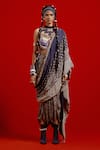 Buy_Aseem Kapoor_Blue Crepe, Cotton, Silk, Twill Beads, Tassels High Neck Sadhvi Draped Saree Set 
