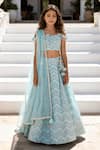 Buy_Fayon Kids_Blue Georgette, Net Embroidery, Mirrors, Sequins, Chevron Pattern Lehenga Set _at_Aza_Fashions