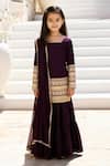 Buy_Fayon Kids_Wine Velvet, Georgette Embroidery, Zari Kurta Sharara Set _at_Aza_Fashions