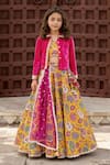 Buy_Fayon Kids_Yellow Cotton, Velvet, Net Sequins, Lace, Floral Print Lehenga Set With Jacket _at_Aza_Fashions