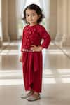 Buy_Fayon Kids_Red Net, Satin Sequins, Beads, Embellished Cropped Top And Dhoti Skirt Set _at_Aza_Fashions