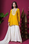 Buy_Komal Shah_Mustard Dupion, Chanderi, Shantoon, Organza Keri Hand Kurta Palazzo Set _at_Aza_Fashions