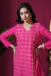 Komal Shah_Pink Chanderi, Shantoon, Organza Geometric Jaal Short Kurta Palazzo Set _Online_at_Aza_Fashions