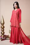 Buy Komal Shah Red Chanderi, Shantoon, Organza Geometric Jaal Short Kurta Palazzo Set Online at Aza Fashions Buy_Komal Shah_Red Chanderi, Shantoon, Organza Geometric Jaal Short Kurta Palazzo Set _Online_at_Aza_Fashions
