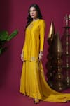 Komal Shah_Mustard Chanderi, Organza Embroidery, Flower Motif Short Kurta Palazzo Set _Online_at_Aza_Fashions
