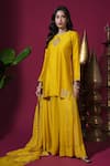 Buy_Komal Shah_Mustard Chanderi, Organza Embroidery, Flower Motif Short Kurta Palazzo Set _at_Aza_Fashions
