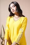 Komal Shah_Mustard Chanderi, Organza Embroidery, Sequins, Stones Hand Keri Motif Kurta Set _Online_at_Aza_Fashions