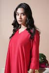 Komal Shah_Red Chanderi, Silk Embroidery, Lace V-neck Badla Hand Kurta And Pant Set _Online_at_Aza_Fashions
