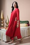Komal Shah_Red Chanderi, Silk, Shantoon Embroidery V-neck Hand Keri Pocket Kurta Set _Online_at_Aza_Fashions