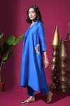Komal Shah_Blue Chanderi, Silk, Shantoon Embroidery, Pearls Mor Pocket Hand Kurta Pant Set _Online_at_Aza_Fashions