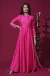 Buy_Komal Shah_Pink Chanderi Embroidery, Sequins Round Neck Paan Motif Anarkali And Dupatta Set _at_Aza_Fashions