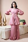 Buy_Komal Shah_Rose Gold Chanderi, Georgette, Shantoon Badla Mukeish Peplum Top And Palazzo Set _at_Aza_Fashions