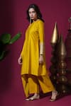 Komal Shah_Mustard Chanderi, Silk Embroidery Round Neck Asymmetric Cape Kurta And Pant Set _Online_at_Aza_Fashions