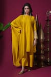 Buy_Komal Shah_Mustard Chanderi, Silk Embroidery Round Neck Asymmetric Cape Kurta And Pant Set _at_Aza_Fashions
