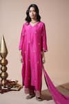 Buy_Komal Shah_Pink Chanderi Embroidery, Zari V-neck Mor Hand Kurta Pant And Dupatta Set _at_Aza_Fashions