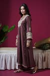 Komal Shah_Brown Chanderi Embroidery, Sequins V-neck, Mandarin Jacket Kurta And Pant Set _Online_at_Aza_Fashions