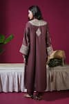 Shop_Komal Shah_Brown Chanderi Embroidery, Sequins V-neck, Mandarin Jacket Kurta And Pant Set _at_Aza_Fashions