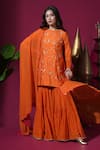 Buy_Komal Shah_Orange Chanderi, Shantoon, Georgette Embroidery, Floral Jaal Kurta Garara Set _at_Aza_Fashions
