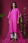 Buy_Komal Shah_Pink Dupion, Chanderi, Organza Embroidery Round Neck Straight Kurta Set _at_Aza_Fashions