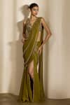 Buy_Shloka Khialani_Olive Green Georgette, Satin, Net Tassels, Reya Pre-draped Saree And Blouse _at_Aza_Fashions