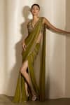 Shloka Khialani_Olive Green Georgette, Satin, Net Tassels, Reya Pre-draped Saree And Blouse _Online_at_Aza_Fashions