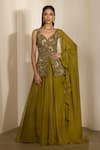 Buy_Shloka Khialani_Olive Green Organza, Georgette Embroidery, Eva Floral Hand Peplum Lehenga Set _at_Aza_Fashions