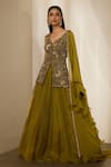 Shop_Shloka Khialani_Olive Green Organza, Georgette Embroidery, Eva Floral Hand Peplum Lehenga Set _at_Aza_Fashions