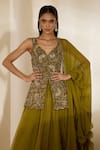 Shloka Khialani_Olive Green Organza, Georgette Embroidery, Eva Floral Hand Peplum Lehenga Set _Online_at_Aza_Fashions
