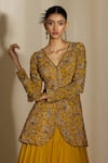 Shloka Khialani_Yellow Georgette, Net Embroidery V-neck Raina Tiered Lehenga And Hand Jacket Set _Online_at_Aza_Fashions