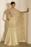 Buy_Shloka Khialani_Cream Georgette, Satin, Net Embroidery, Celine Floral Pre-draped Saree And Blouse _at_Aza_Fashions