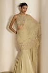 Shop_Shloka Khialani_Cream Georgette, Satin, Net Embroidery, Celine Floral Pre-draped Saree And Blouse _at_Aza_Fashions