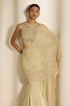 Shloka Khialani_Cream Georgette, Satin, Net Embroidery, Celine Floral Pre-draped Saree And Blouse _Online_at_Aza_Fashions