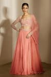Shop_Shloka Khialani_Peach Georgette, Net Embroidery, Pearls Alyza Leaf Line Floral Lehenga Set _at_Aza_Fashions