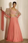 Buy_Shloka Khialani_Peach Georgette, Net Embroidery, Pearls Alyza Leaf Line Floral Lehenga Set _at_Aza_Fashions